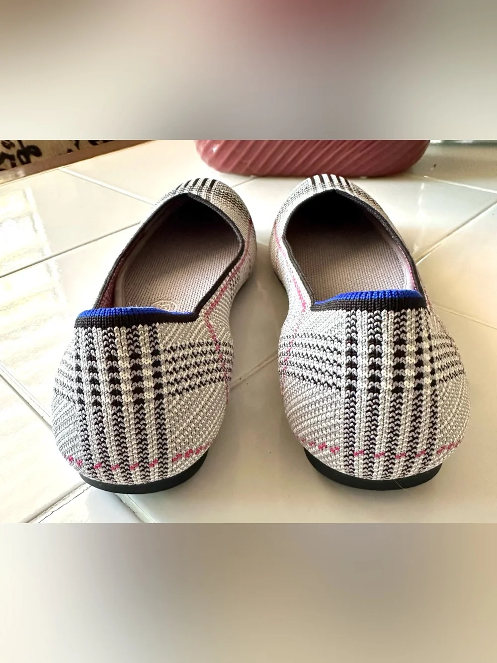 Rothy’s The Flat Plaid Knit Ballet Flats Gray Pink Blue Women’s Size 9